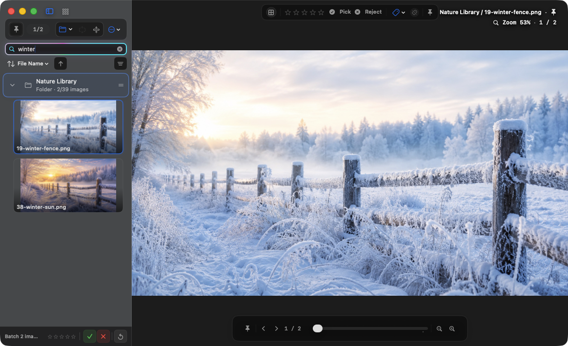 AuroraViewer with winter entered in the search field, narrowing a 40-image library to two winter photos