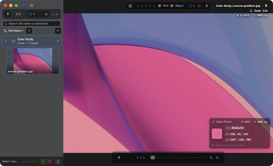AuroraViewer Color Picker showing magnified pixels and color values