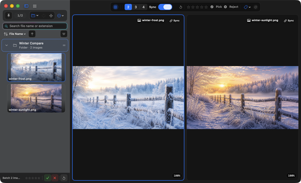 Two images side by side in AuroraViewer Compare mode with synchronized transforms