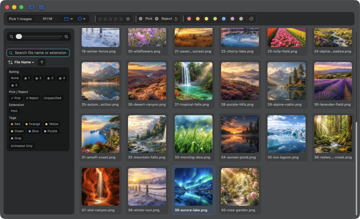 AuroraViewer Thumbnail mode used to review photos with ratings and tags