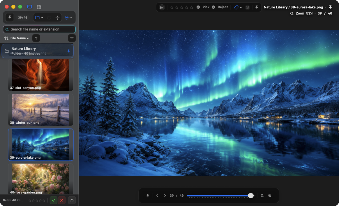 AuroraViewer showing folder thumbnails beside a large selected image